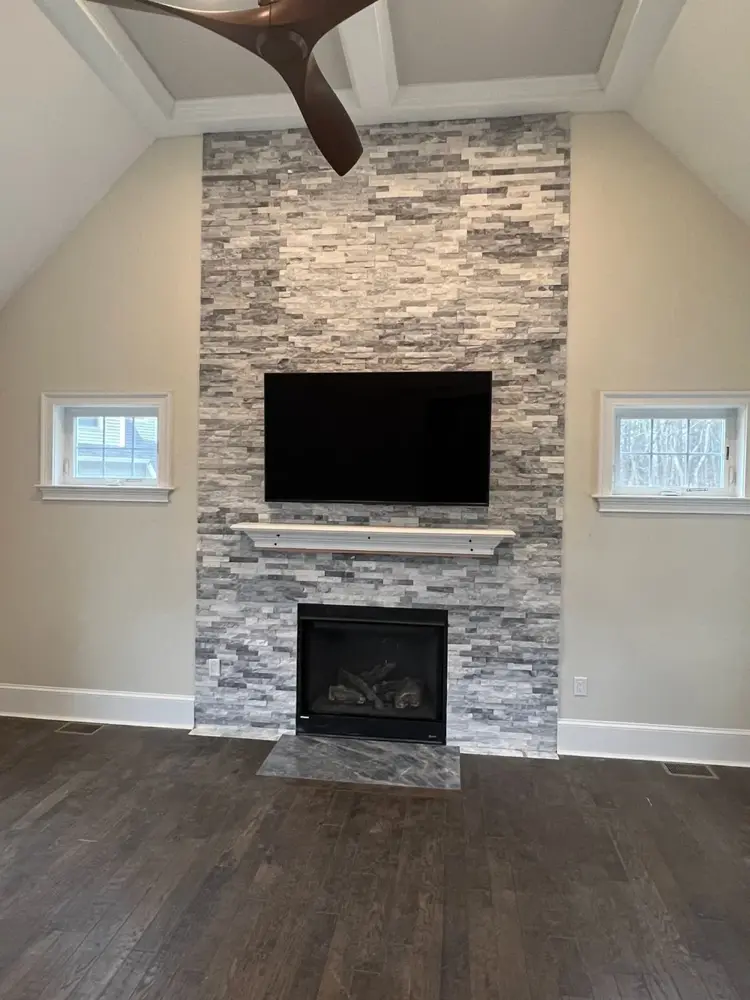 Stacked stone fireplace
