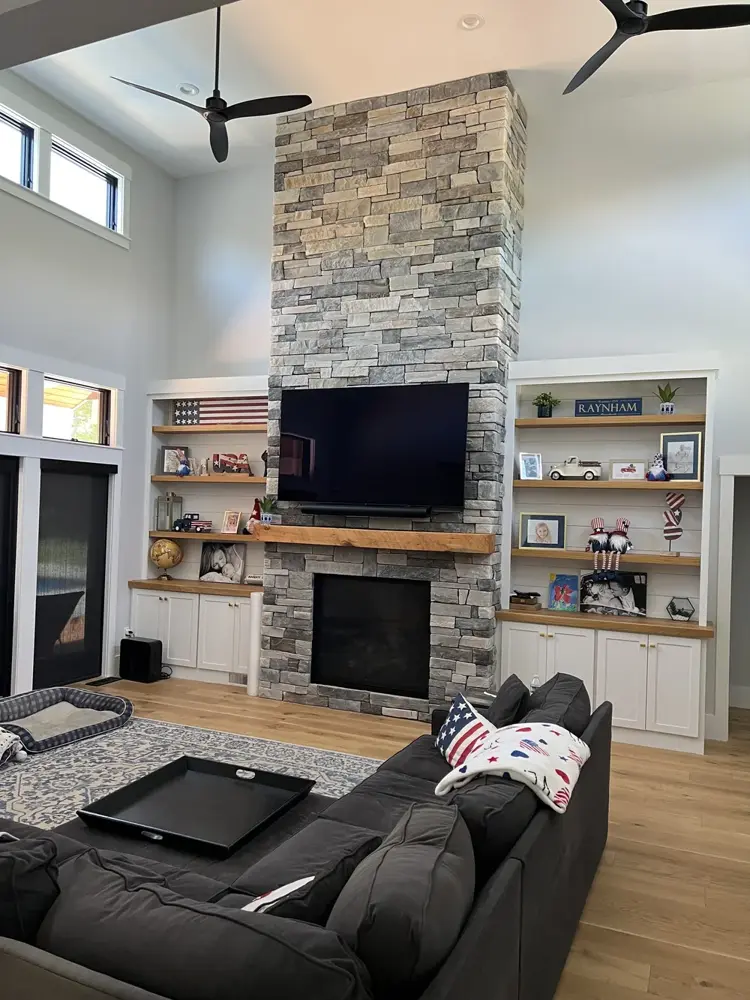 Stone fireplace in a living room